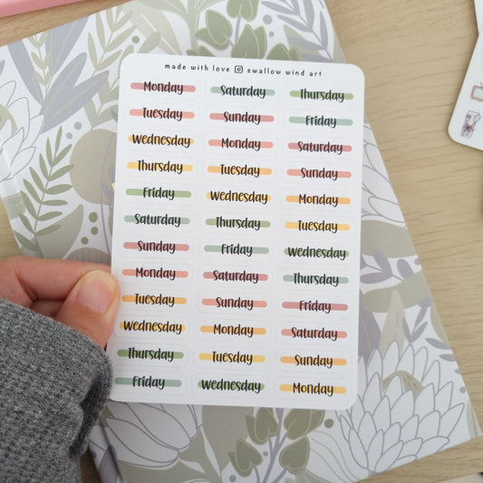 Day of the Week Stickers - Weekly Planner Stickers Sheets - Swallow Wind Art