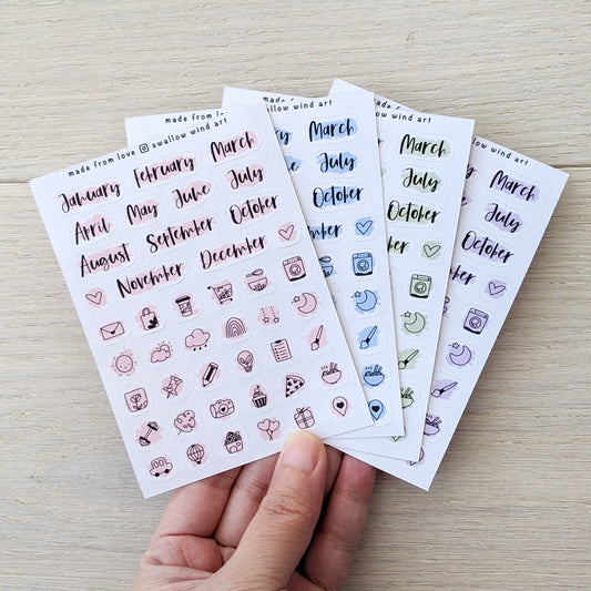 Month Script Stickers | Month of the Year & Mixed Icon Planner Stickers - Swallow Wind Art