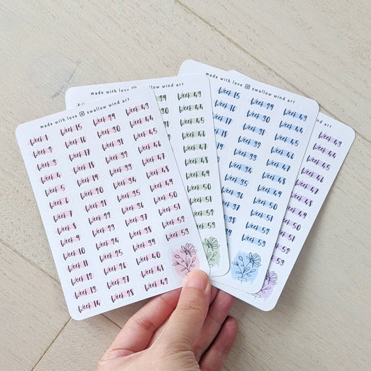Weeks of the Year - Week Number Bullet Journal Stickers - Swallow Wind Art