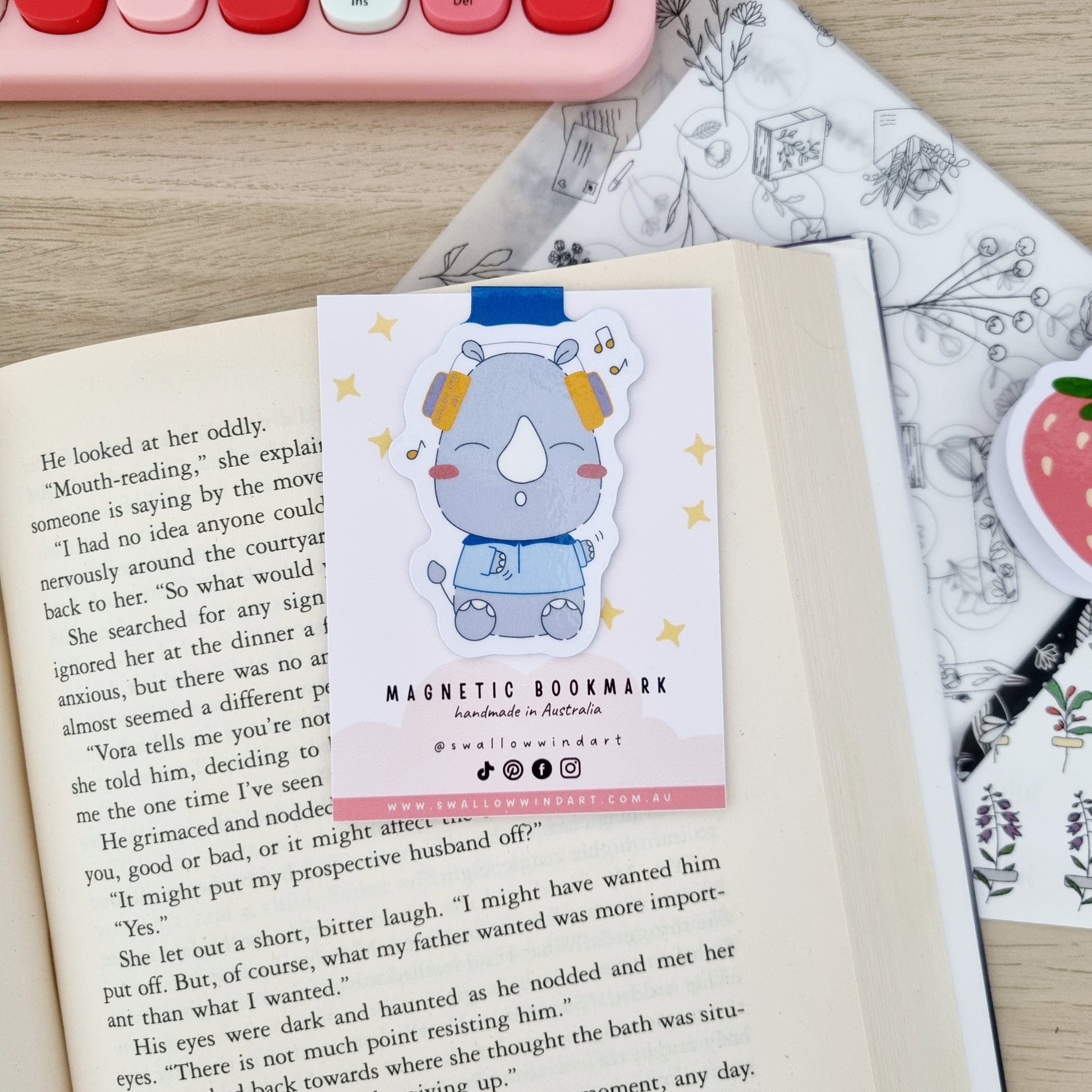 Magnetic Bookmark - Rock n Roll Rhino - Swallow Wind Art