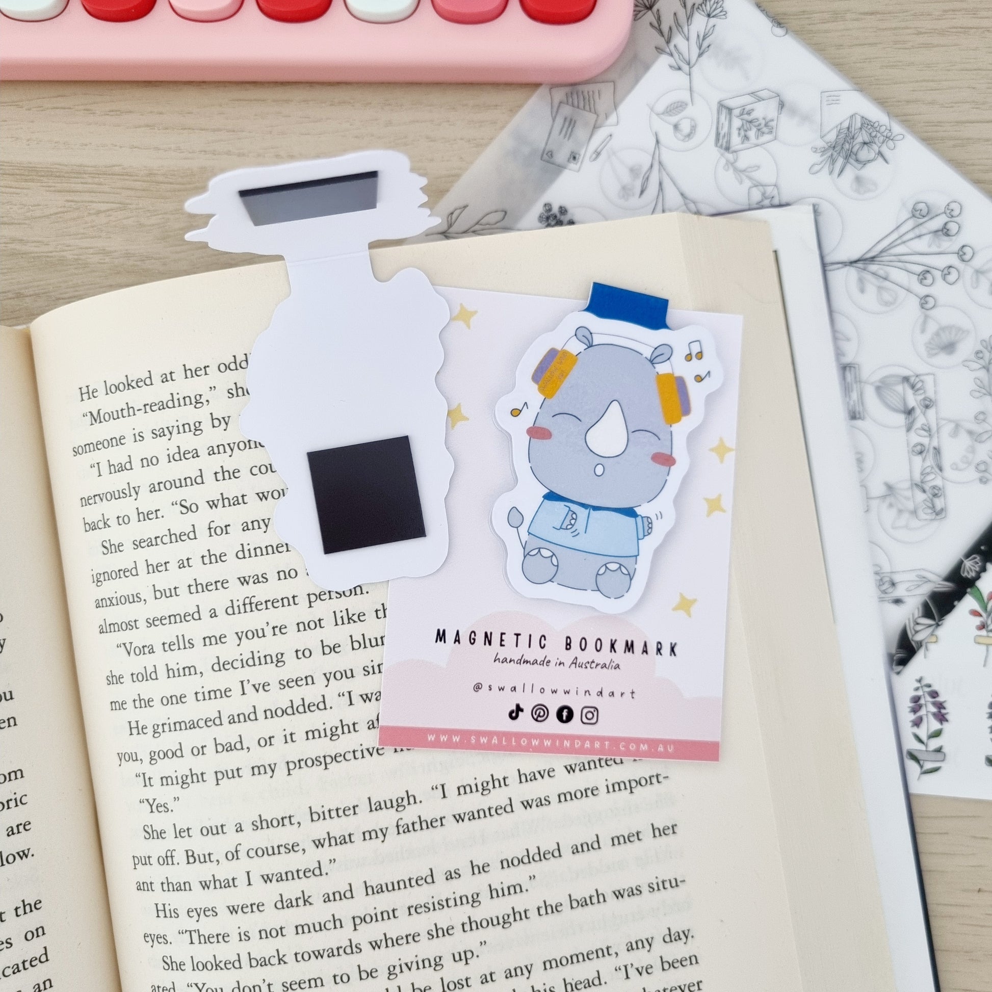 Magnetic Bookmark - Rock n Roll Rhino - Swallow Wind Art