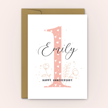 1st Anniversary - Pink Hearts Personalised Love Card