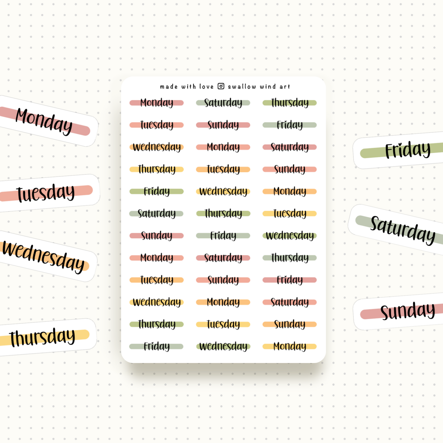 Day of the Week Stickers - Weekly Planner Stickers Sheets – Swallow Wind Art