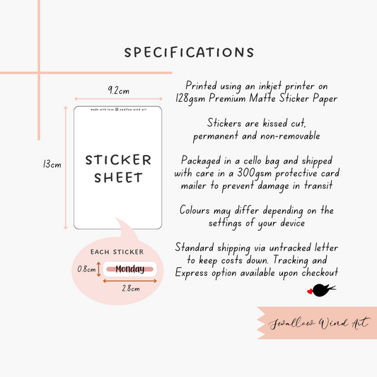 Day of Week Sticker Sheet - 23 Colours - Swallow Wind Art