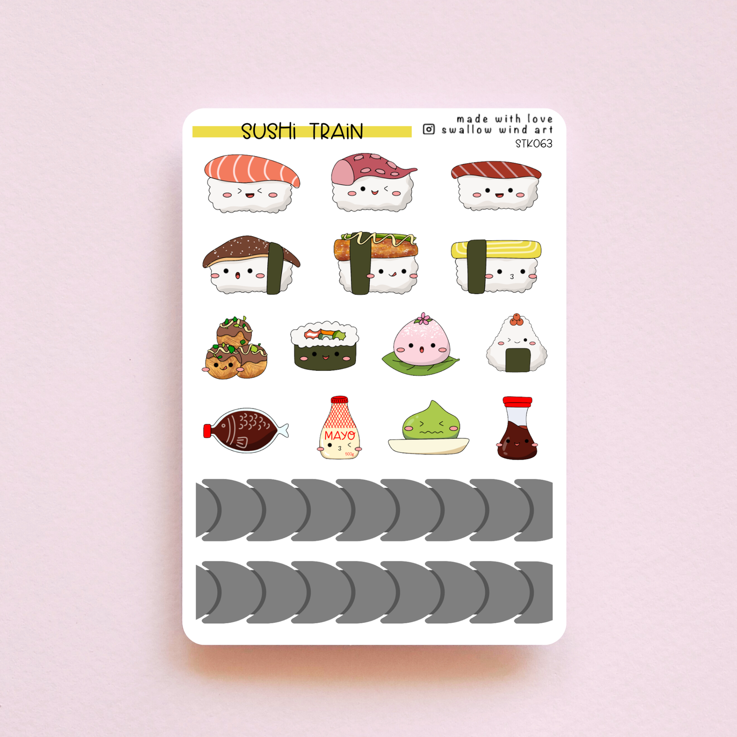 Sushi Train Food Stickers - Cute Sushi Sticker Sheet - Swallow Wind Art
