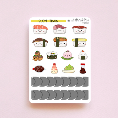 Sushi Train Food Stickers - Cute Sushi Sticker Sheet - Swallow Wind Art