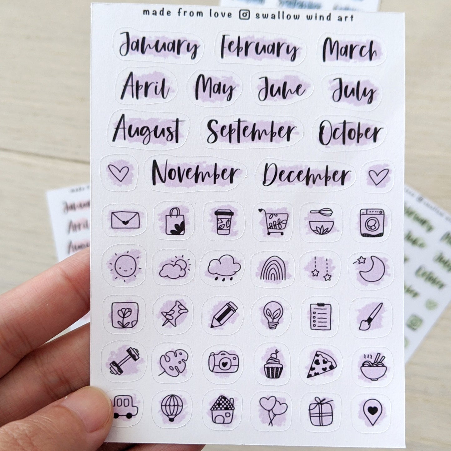 Month Script Stickers | Month of the Year & Mixed Icon Planner Stickers - Swallow Wind Art