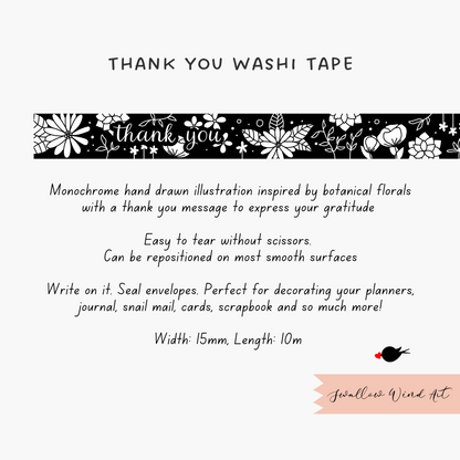 Thank You Floral Washi Tape Black and White