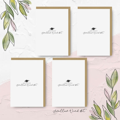 Back of greeting card with words "made with love Swallow Wind Art"