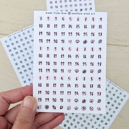 Date Dot Journal Stickers - Monthly Dates Sticker Sheets - Swallow Wind Art