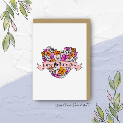 Greeting card with illustration of a heart flower bouquet with a banner across it with lettering "Happy Mother's Day"
