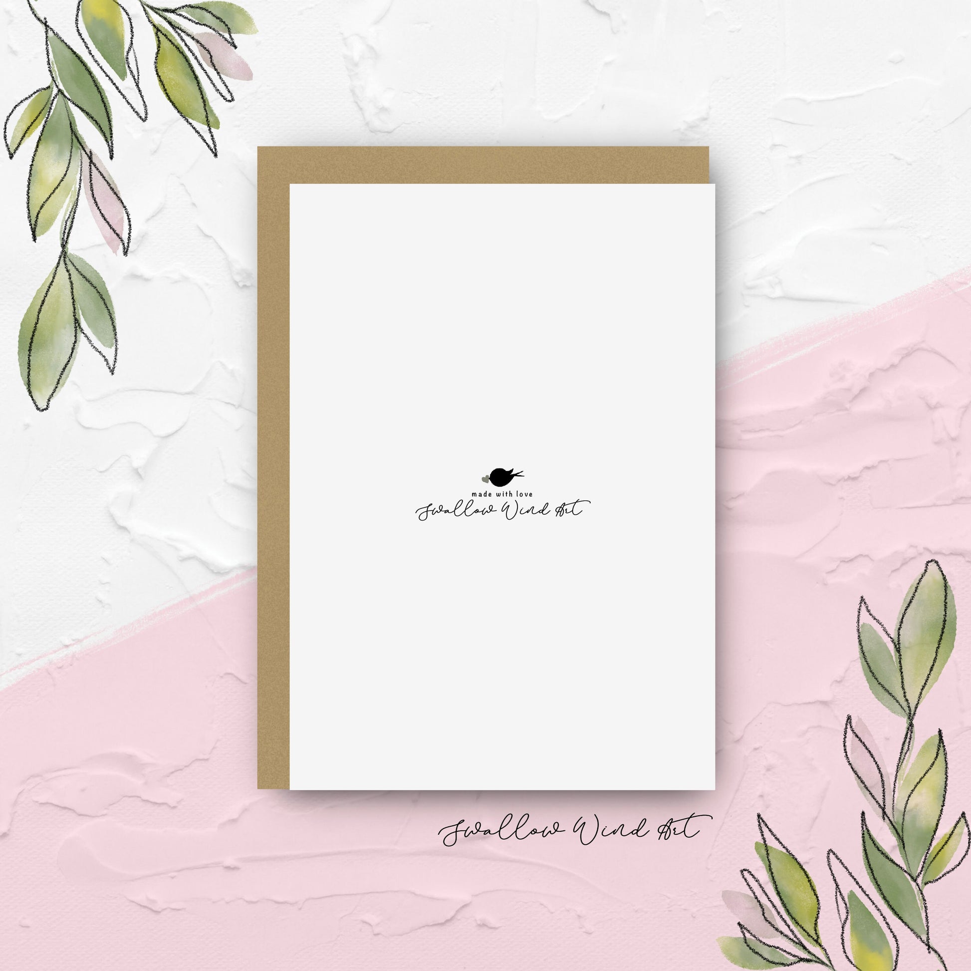 Back of greeting card with words "made with love Swallow Wind Art"