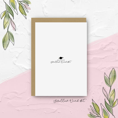 Back of greeting card with words "made with love Swallow Wind Art"