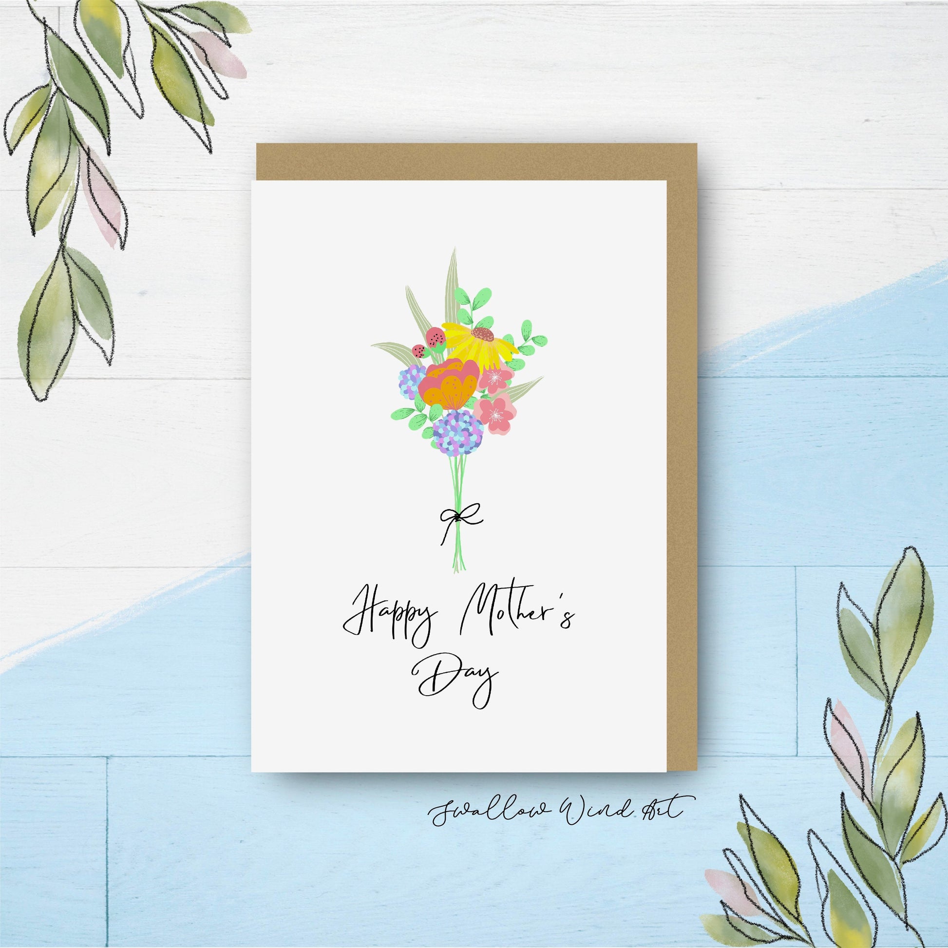 Greeting card with illustration of a colourful flower bouquet and lettering "Happy Mother's Day"