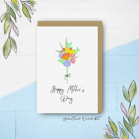 Greeting card with illustration of a colourful flower bouquet and lettering "Happy Mother's Day"