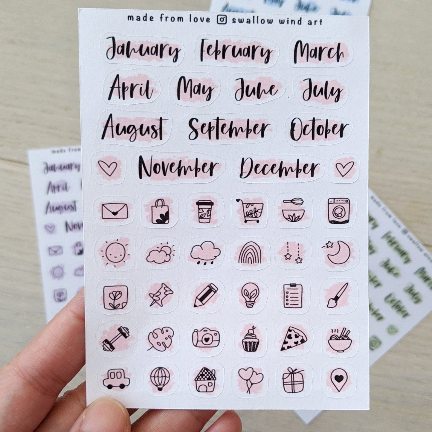 Month Script Stickers | Month of the Year & Mixed Icon Planner Stickers - Swallow Wind Art