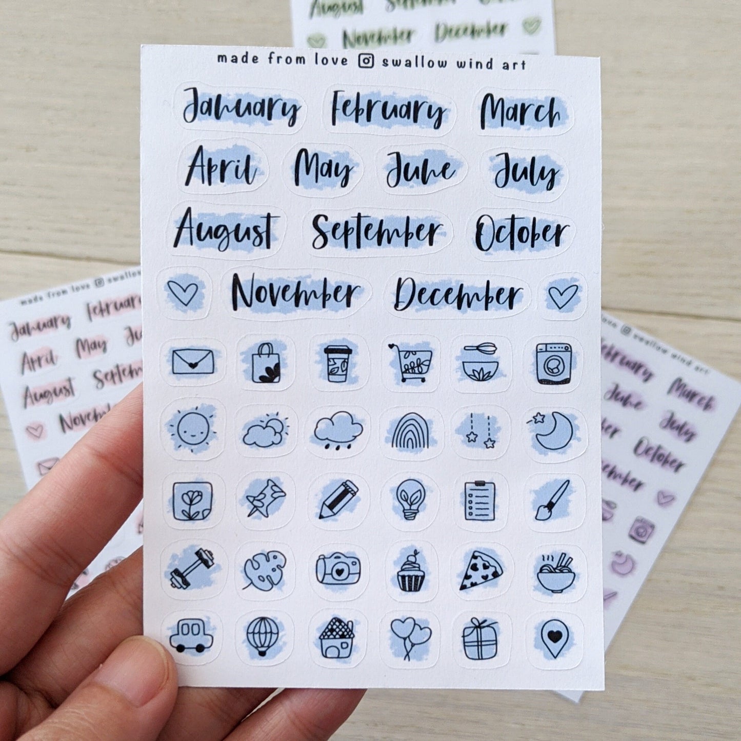 Month Script Stickers | Month of the Year & Mixed Icon Planner Stickers - Swallow Wind Art