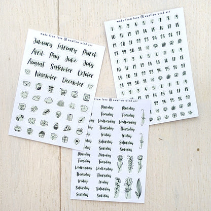 Month, Week & Date Planner Stickers - Set of 3 Planner Sticker Sheets
