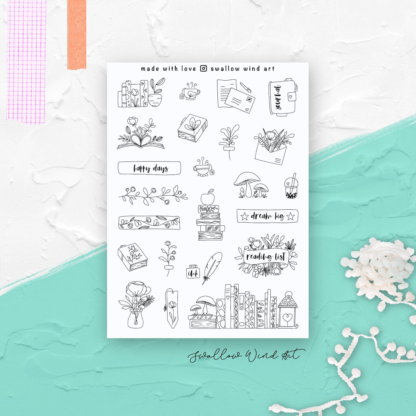 Flowers & Books Bullet Journal Stickers - Swallow Wind Art