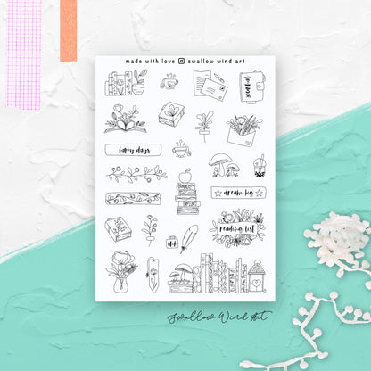 Flowers & Books Bullet Journal Stickers - Swallow Wind Art