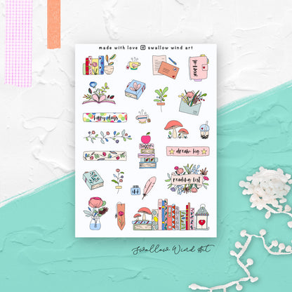 Flowers & Books Bullet Journal Stickers - Swallow Wind Art