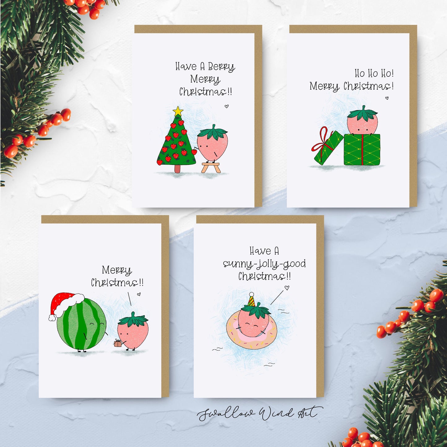 Cute Summer Themed Christmas Cards - 4 Pack
