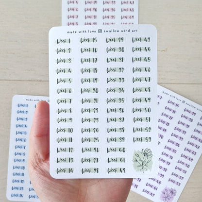Weeks of the Year - Week Number Bullet Journal Stickers - Swallow Wind Art