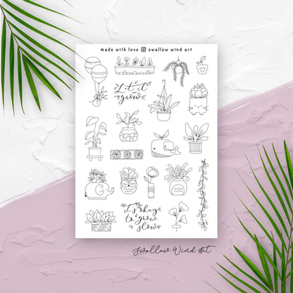 Potted Plants, Botanical Planner Notebook Stickers Sheet