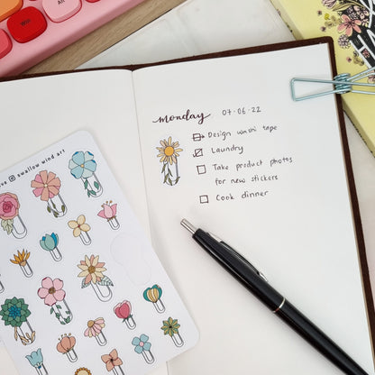Floral Paperclip Journal Stickers, Flower Aesthetic Planner Stickers