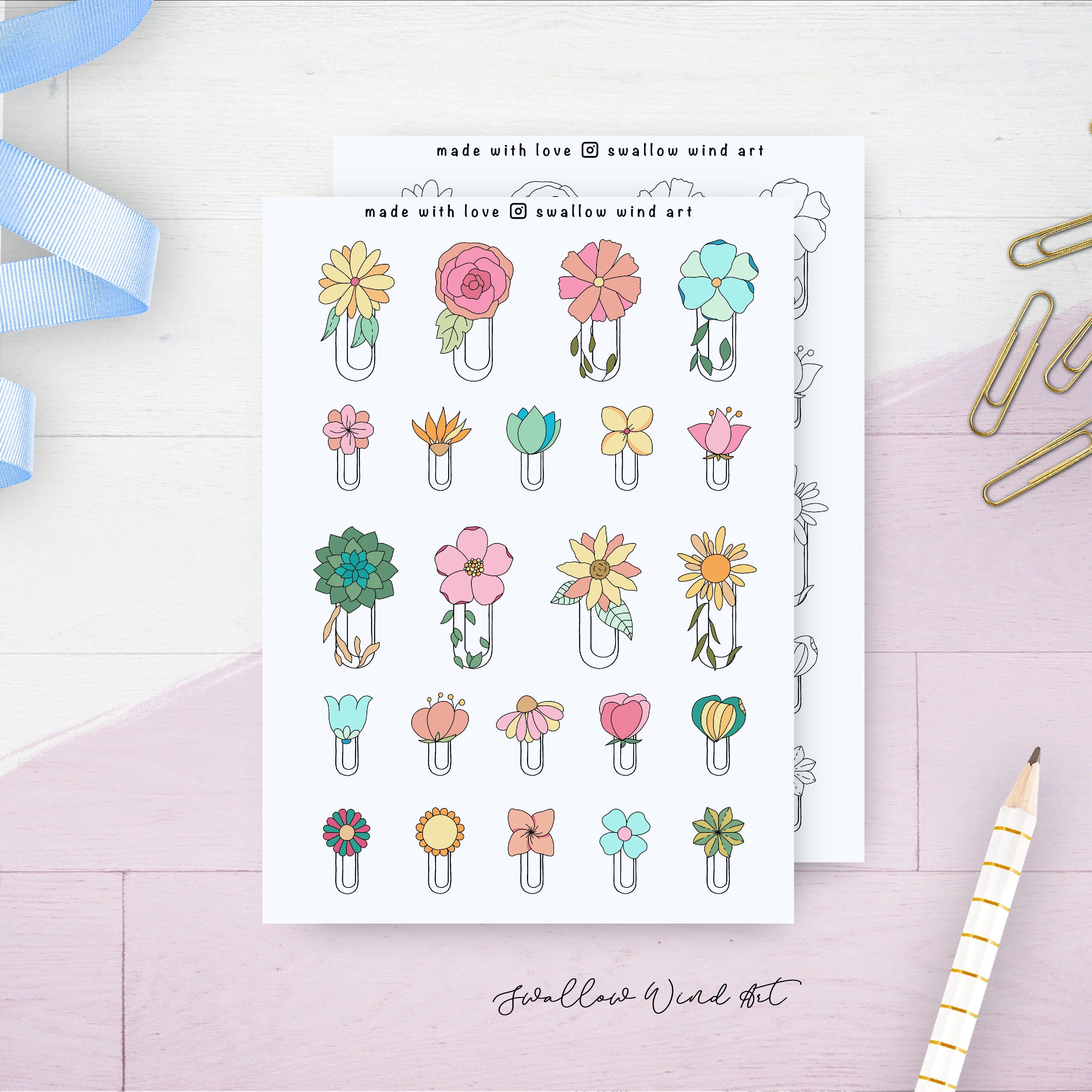 Floral Paperclip Journal Stickers, Flower Aesthetic Planner Stickers ...